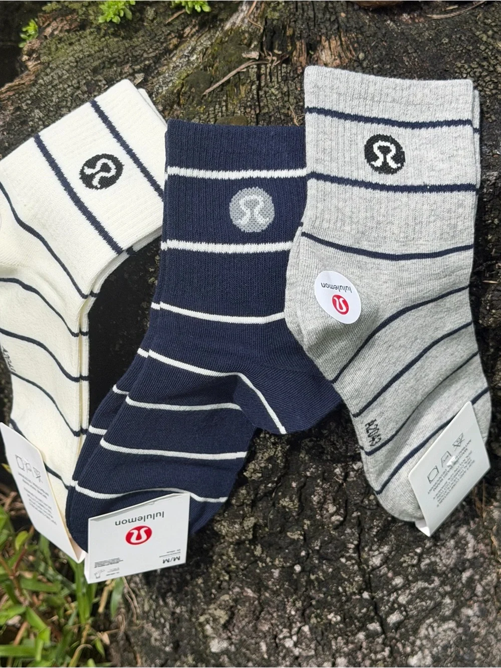 lululemon Striped Crew Socks in Navy, Gray & Cream set of 3
